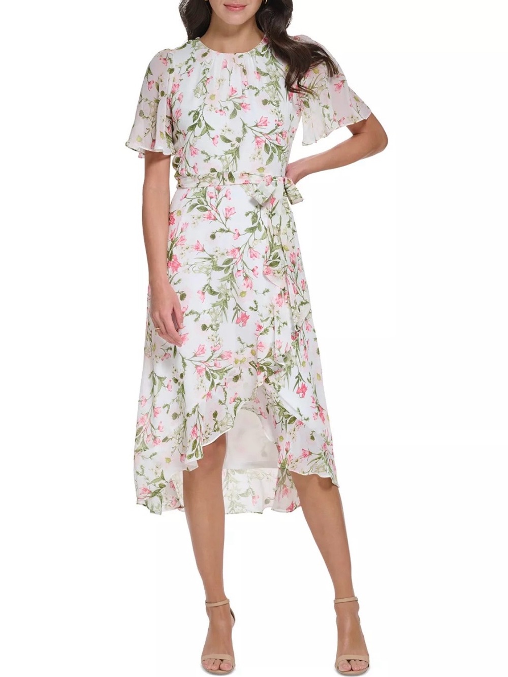 New! Jessica Howard Floral Flutter-Sleeve Faux-Wrap Chiffon Midi Dress. Size 14P
